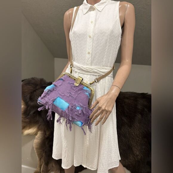 Unique Colorblock Cowhide Leather with Ripped Canvas, Metal Frame Bag, Crossbody - Picture 10 of 16